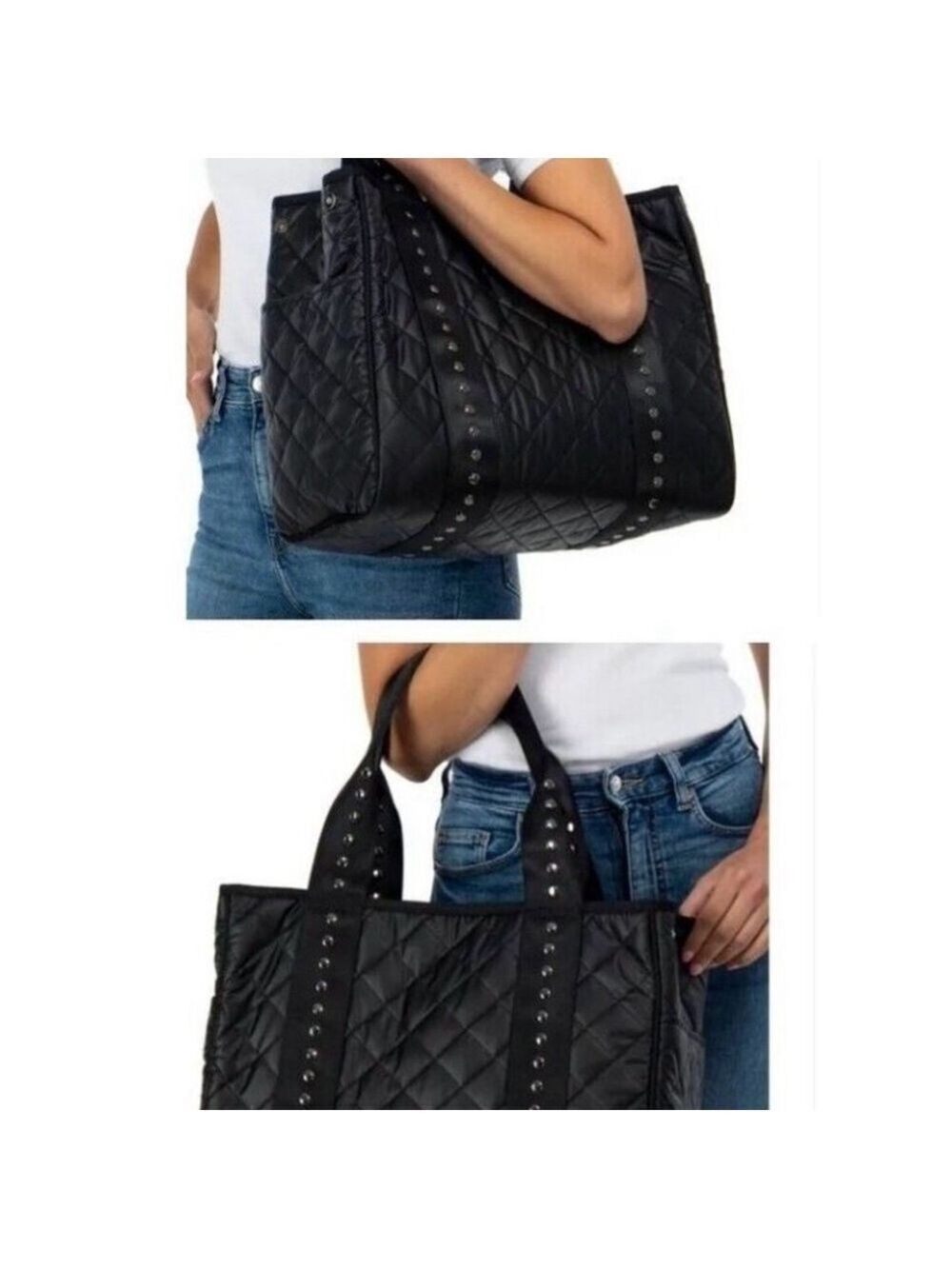HAUTE SHORE Black Jaime Quilted Tote Bag with Silver Studs - Picture 2 of 8